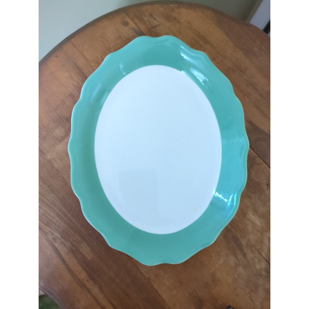 Vintage Syracuse China Restaurant Ware Scalloped Serving Platter Green And White